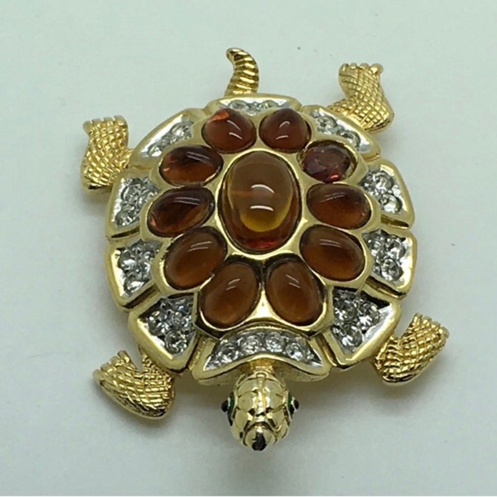 D’orlan (Boucher)Tortoise Turtle Brooch Pin Gold Plated Amber Color Crystals